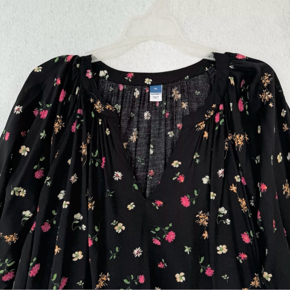 Old Navy Blouse Top Womens XL Black Multicolored Floral Poet Oversized Relax - Picture 2 of 15